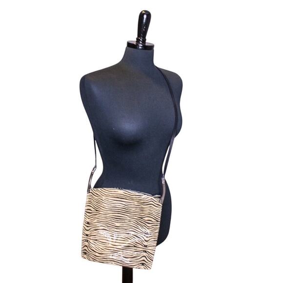 Neiman Marcus Zebra Print Shoulder Bag Purse Tan Black Crossbody - Picture 2 of 4